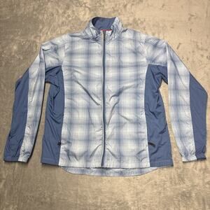Saucony Womens L Blue Checkered Lightweight Full Zip Windbreaker Jacket Running